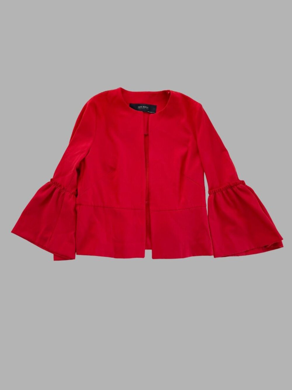Zara Basic Red Collarless Open Front Blazer Jacket with Dramatic Ruffle Bell S - Picture 8 of 8